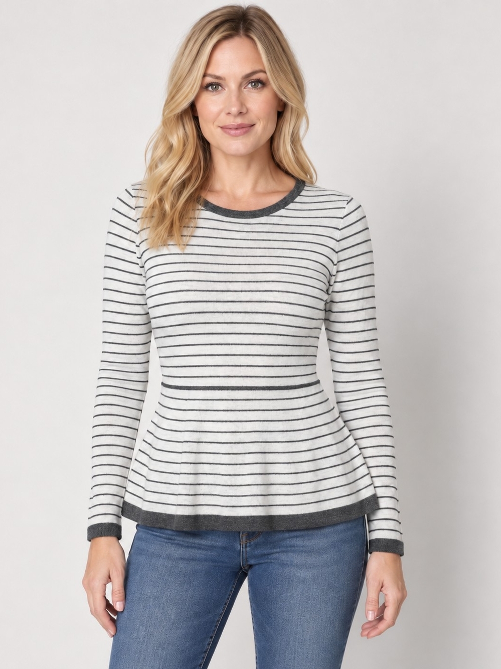 Press Ivory & Charcoal Striped Peplum Sweater Top Cashmere Blend Size S
